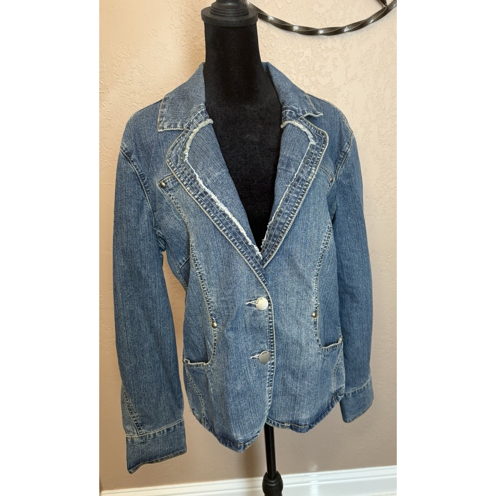 Baccini Women's Denim‎ Jean Jacket 2 Button Blazer W/ Studs & Frayed Trim XL 90s